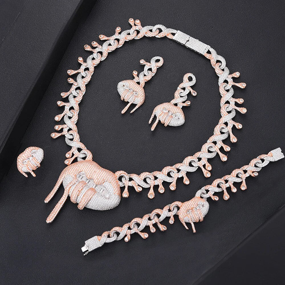 4PCS iced out bling hip hop women jewelry Set Tennis Chain with CZ Miami Cuban Link Chain Trendy Sexy Lips Charm choker necklace