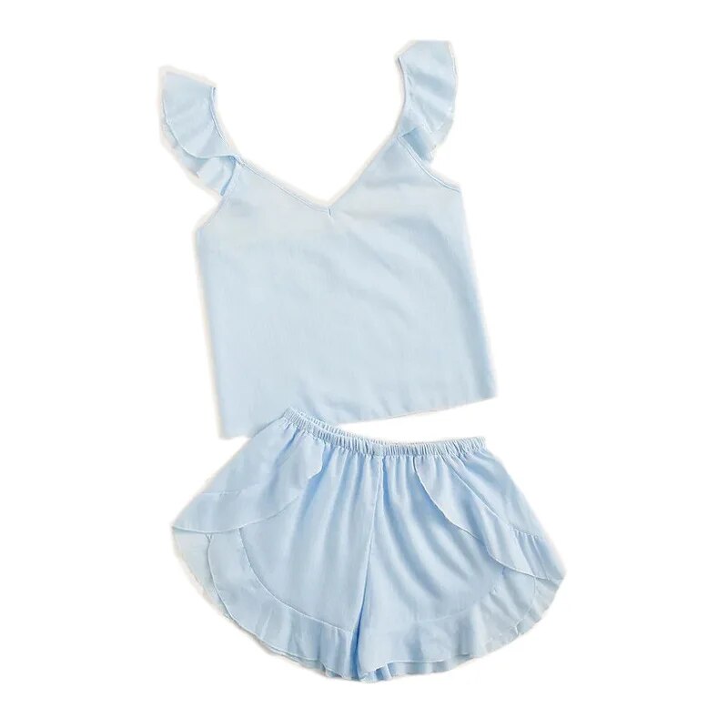 Sanderala Pyjamas Women Cute Sleepwear Pajamas Suit Blue Lotus Leaf Lingerie Female Summer Underwear Nighty Suspenders Homewear