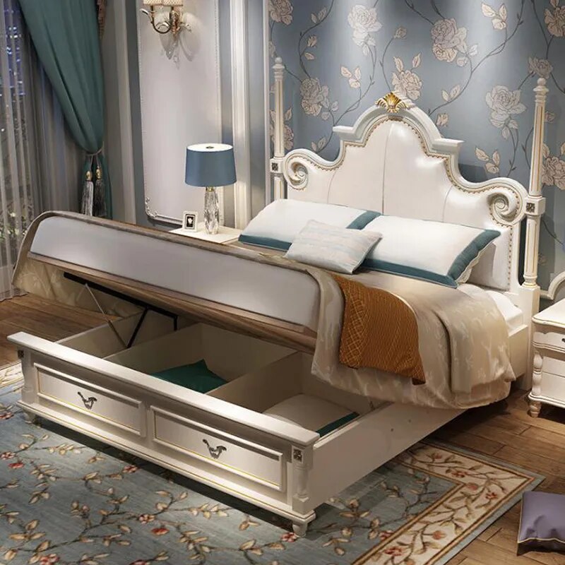 modern european solid wood bed 2 people Fashion Carved  leather  french bedroom furniture bng004