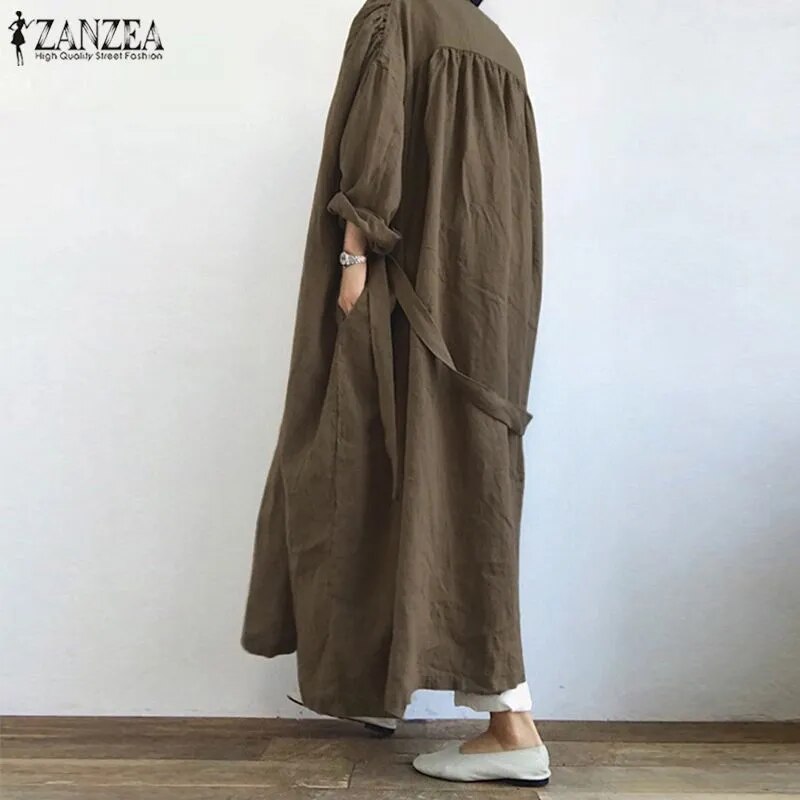 ZANZEA 2023 Women's Casual Blouse Vintage Autumn Cotton Long Cardigan Long Sleeve Coats Female Solid Blusas  Tunic