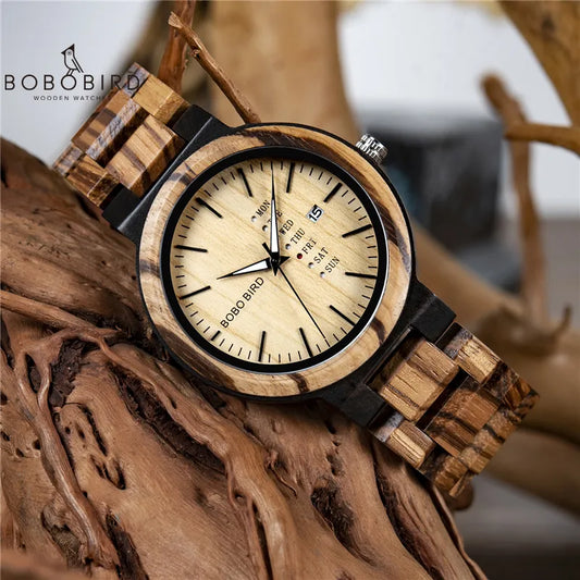 BOBO BIRD Men Wristwatches Quartz Movement Complete Calendar Wood Watch Week Display relogio masculino in Gift Box