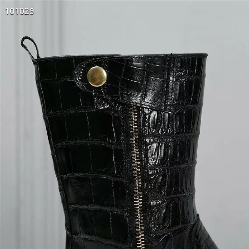Custom-made Authentic Crocodile Skin Men's Mid-calf Boots Genuine Alligator Leather Male High-lift Winter Shoes with Wool Lining