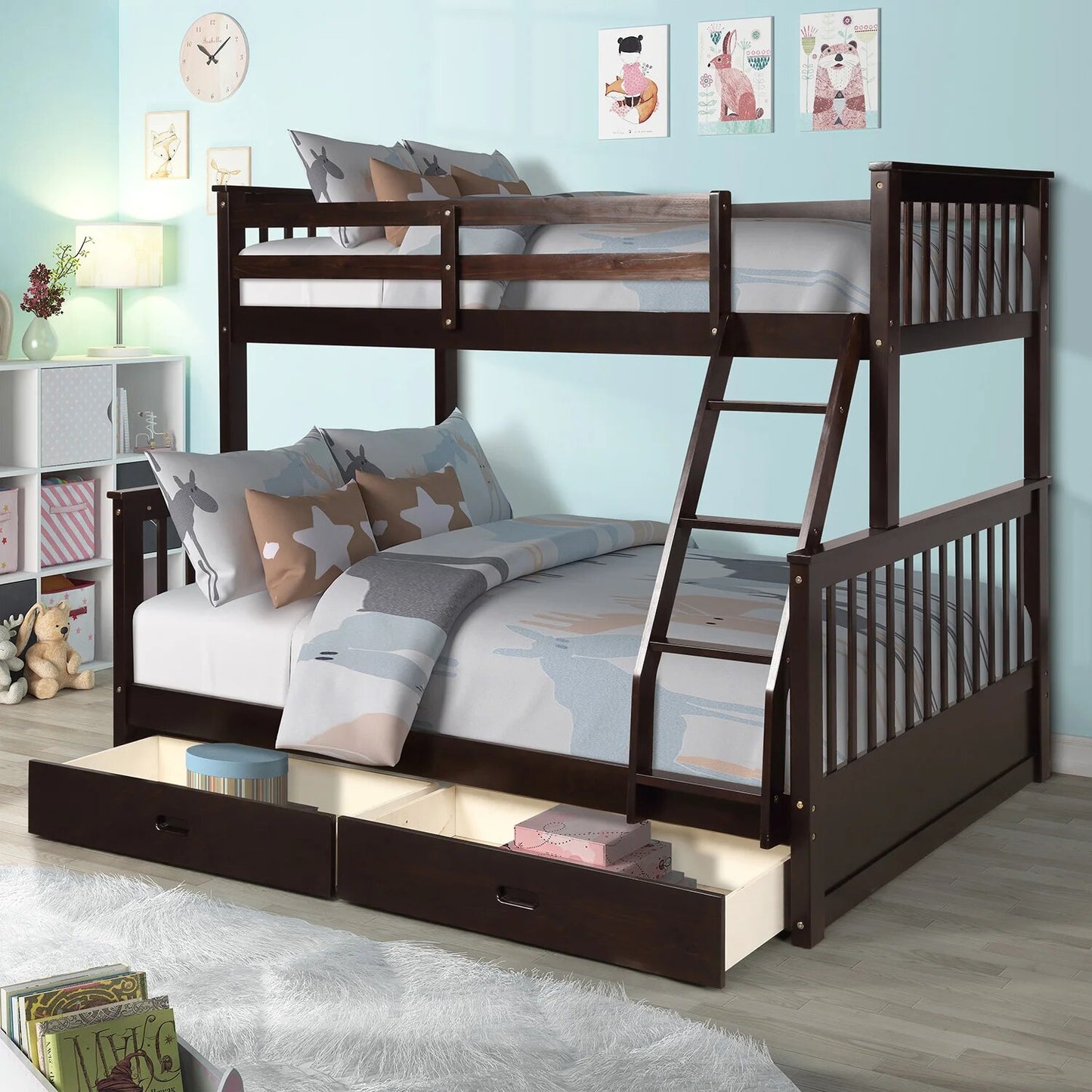 Four Colors Twin-Over-Full Bunk Bed with Ladders and Two Storage Drawers Bedroom Furniture for Livingroom US Warehouse