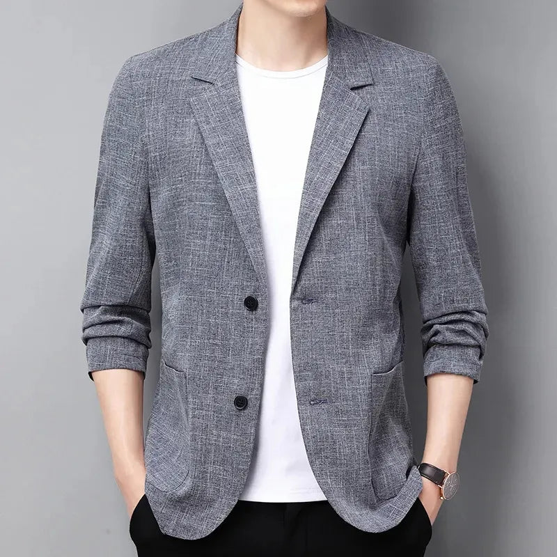 Men's Cotton Linen Suit Jacket Spring Summer Loose Casual Gray Blazers Male Long Sleeve Business Black Coat Terno Masculino - KAISERINC