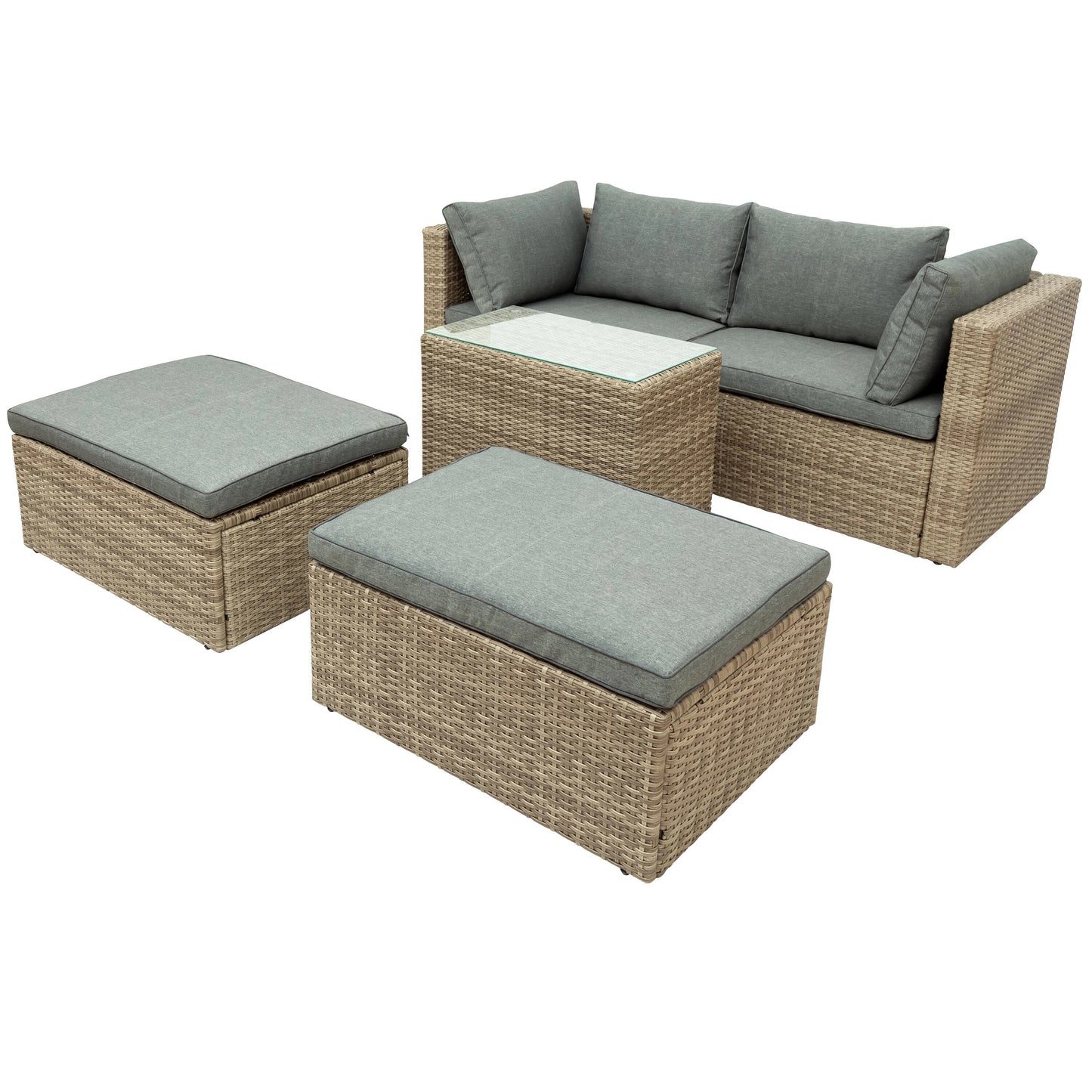 Outdoor Patio Furniture 5-Pcs Set Wicker Rattan Sectional Sofa Set 2 Corner Chair+1 Tea Table+2 Ottoman Brown&Gray[US-W]
