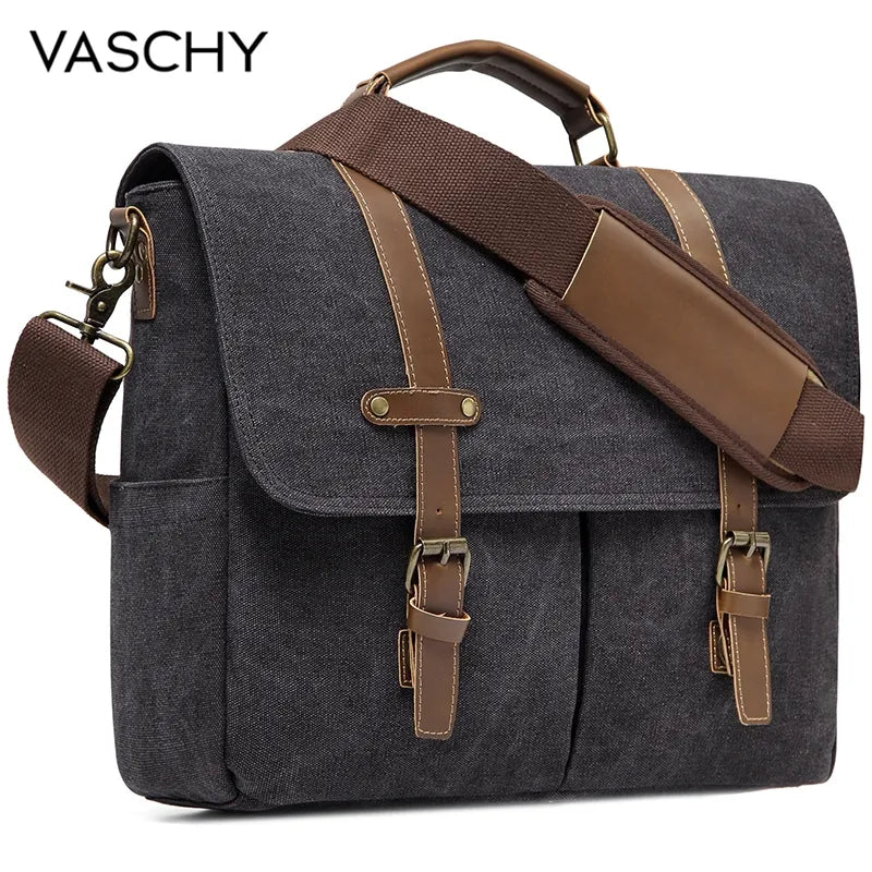 VASCHY Vintage Men Briefcase Water Resistant Canvas Messenger Bag for 15 In Laptop Business Satchel Padded Shoulder Bags Male