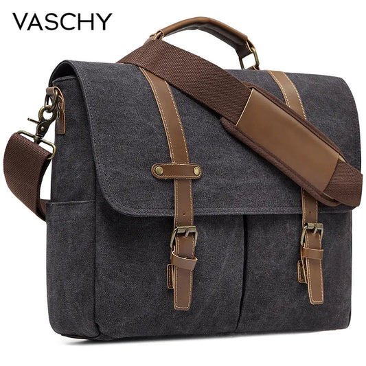 VASCHY Vintage Men Briefcase Water Resistant Canvas Messenger Bag for 15 In Laptop Business Satchel Padded Shoulder Bags Male
