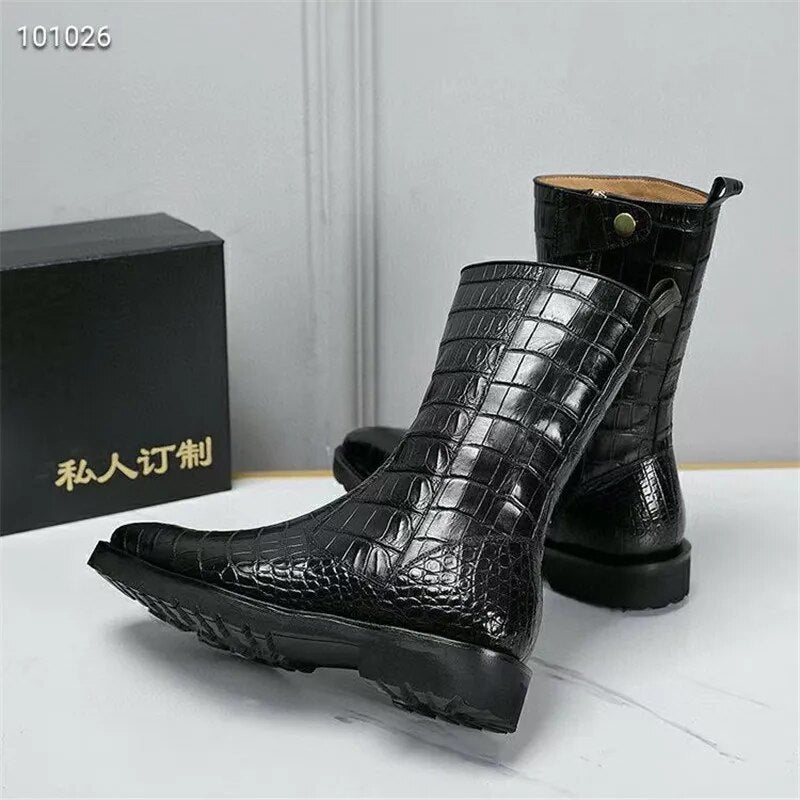 Custom-made Authentic Crocodile Skin Men's Mid-calf Boots Genuine Alligator Leather Male High-lift Winter Shoes with Wool Lining