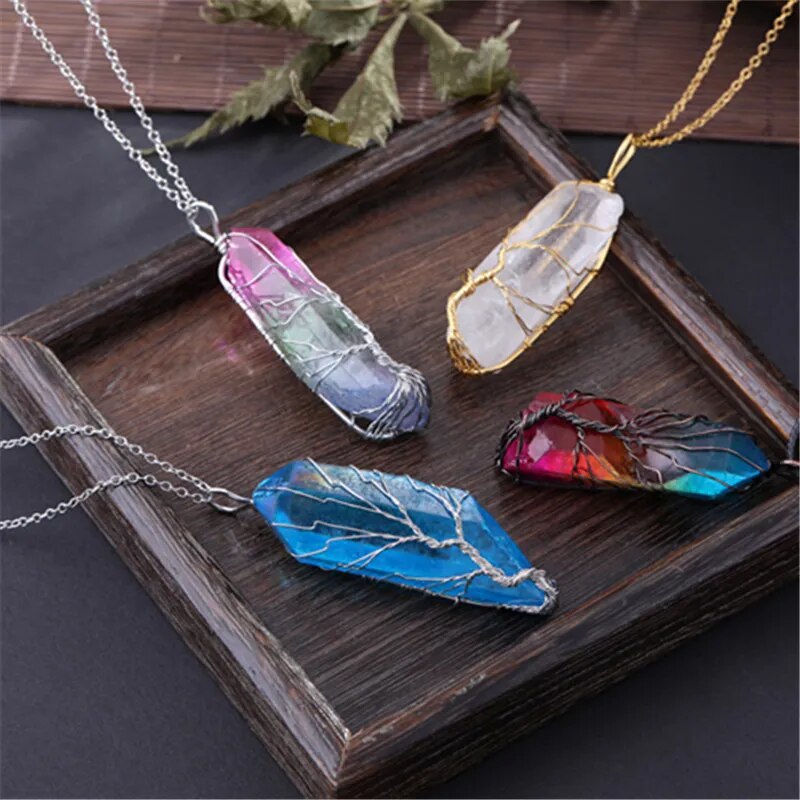 Vintage Reiki Natural Stone Crystal Pendant Necklace Women Men  Wire Wrap Tree of Life Pendants Pendulum Gems Rainbow Jewelry