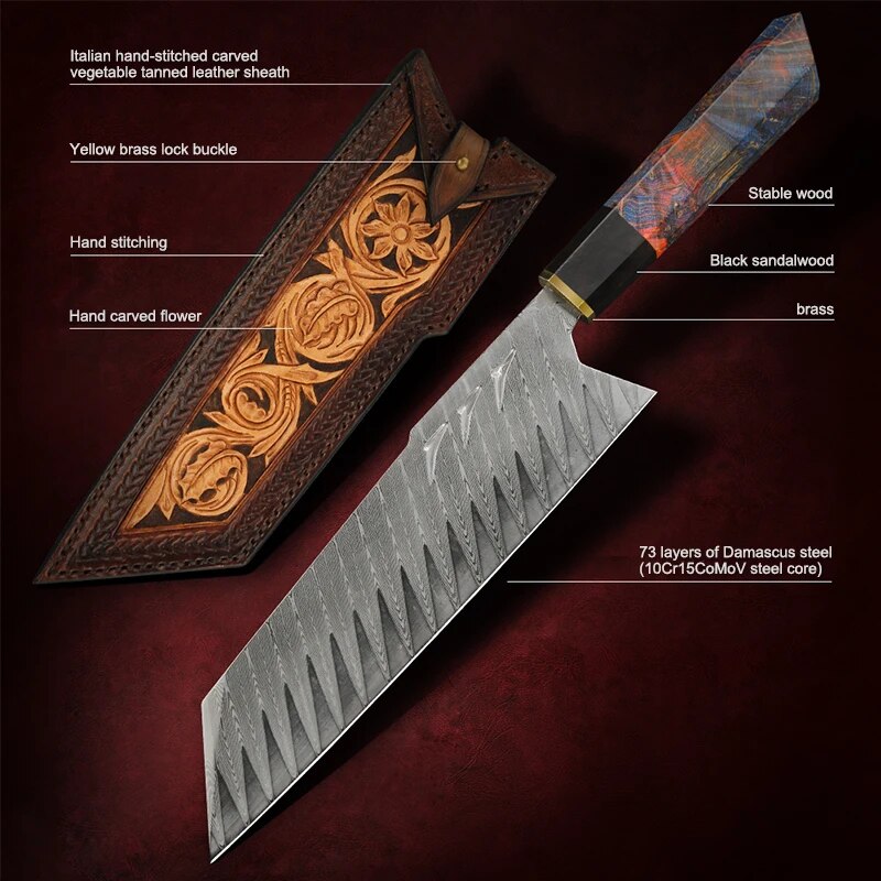 FZIZUO Santoku Knife Damascus Steel Blade Stabilized Wood Handle Cooking Knives Handmade Japanese Style Chef Knife with Sheath