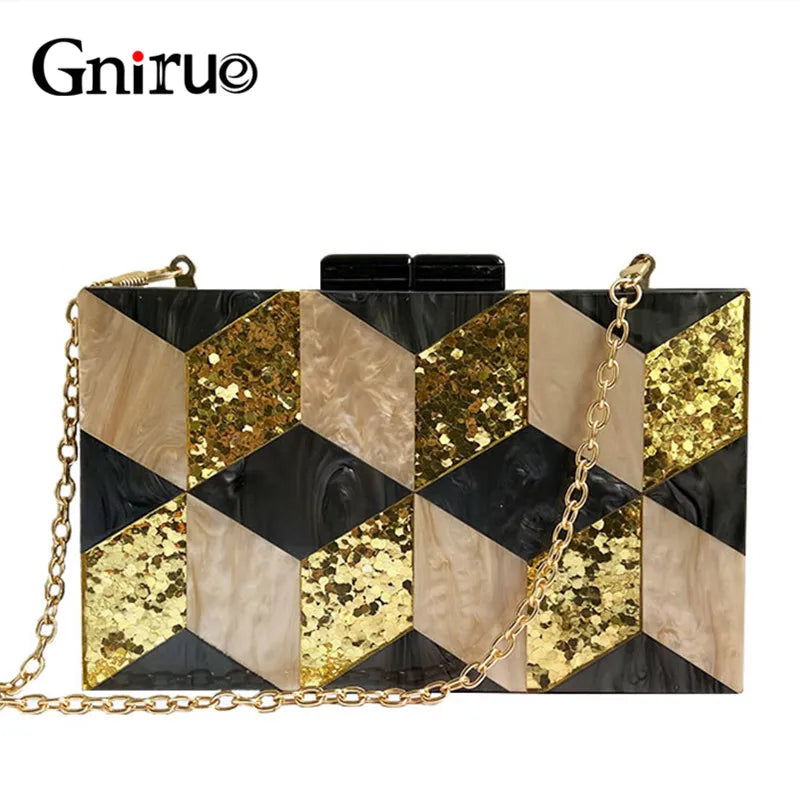New Female Black Pearlescent Acrylic Evening Bags Vintage Women Messenger Bags Gold Sequins Clutches Patchwork Party Handbags