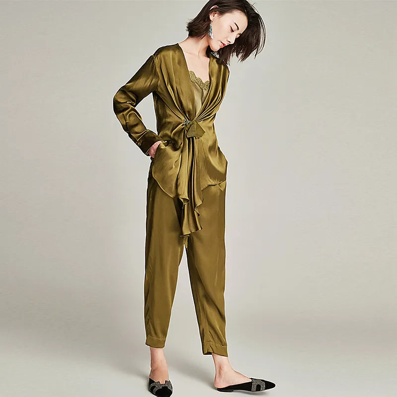 High-end 100% Heavy Silk Suit Women Wrapped Silk Two-piece Suit Long Sleeves Casual Pockets Pants Suits For Women New Fashion