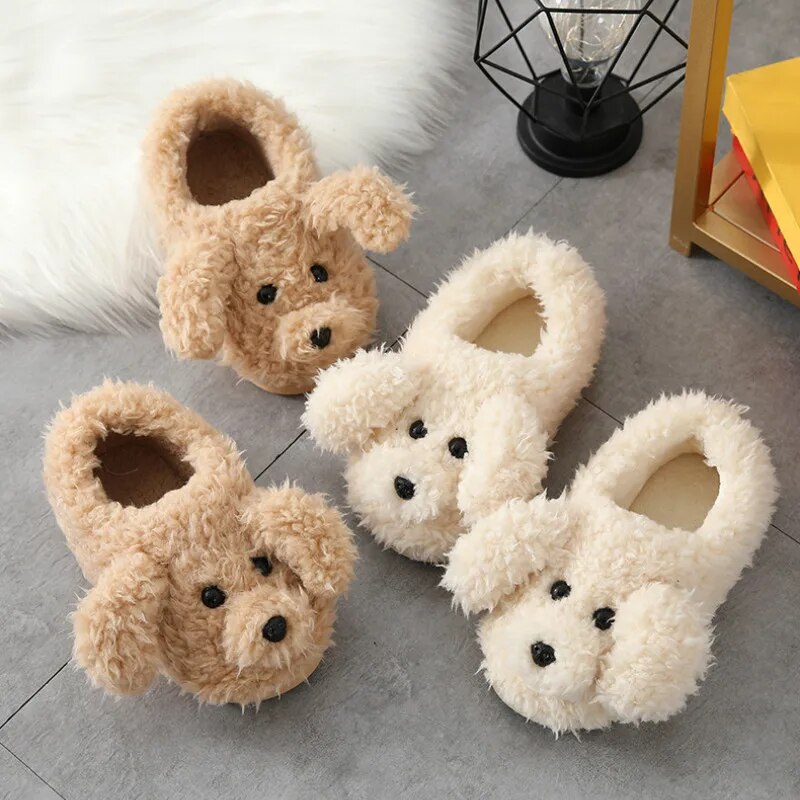New Autumn Winter Women Slippers Cute Cartoon Dog Indoor Floor Anti-slip Shoes Children Ladies Indoor Bedroom Cotton Fur Slides