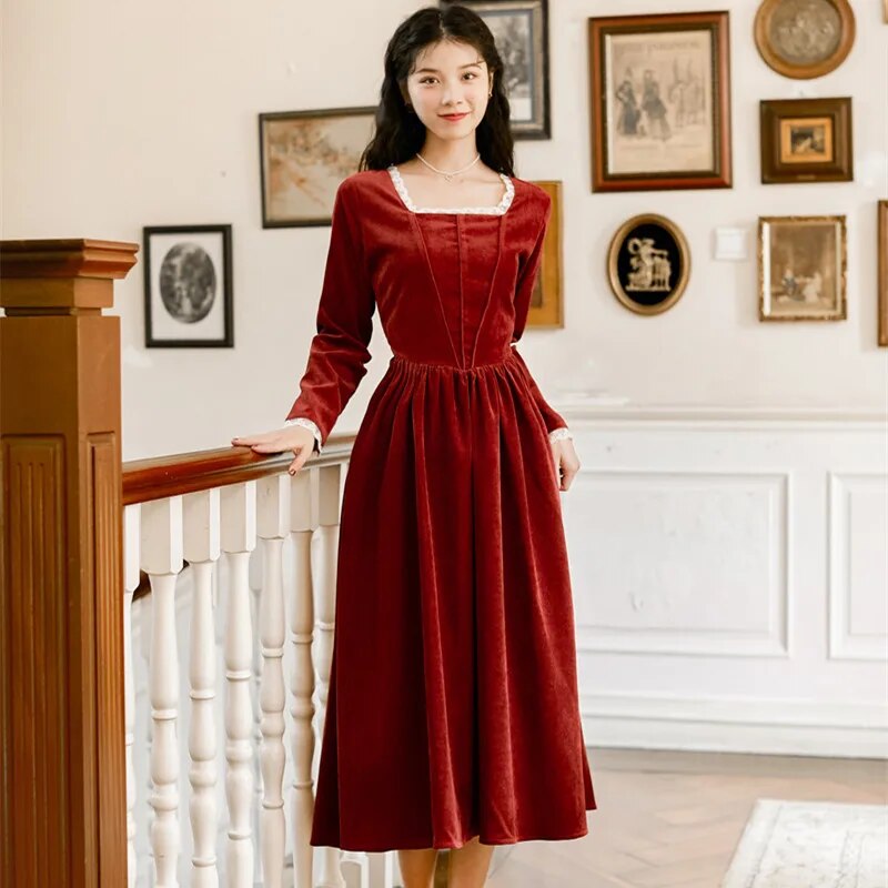 2019 new fashion women's clothing Autumn and winter vintage dress Square Collar