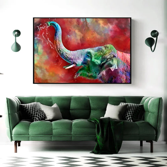 AAHH Big Size Modern popular Animal Canvas Painting Colored Elephant Squirting Water Canvas for Home Decor Wall Art Poster