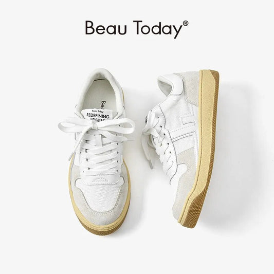 BeauToday Casual Sneakers Women Cow Leather Mesh Round Toe Patchwork Mixed Colors Lace-up Trainers Lady Flat Shoes  29223