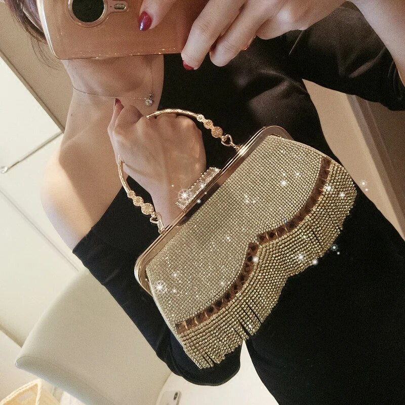 Women's Wedding Clutch Bag Luxury Rhinestone Tassel Handbag Banquet Gold Evening Bag Party Purse Chain Shoulder Bag ZD1776