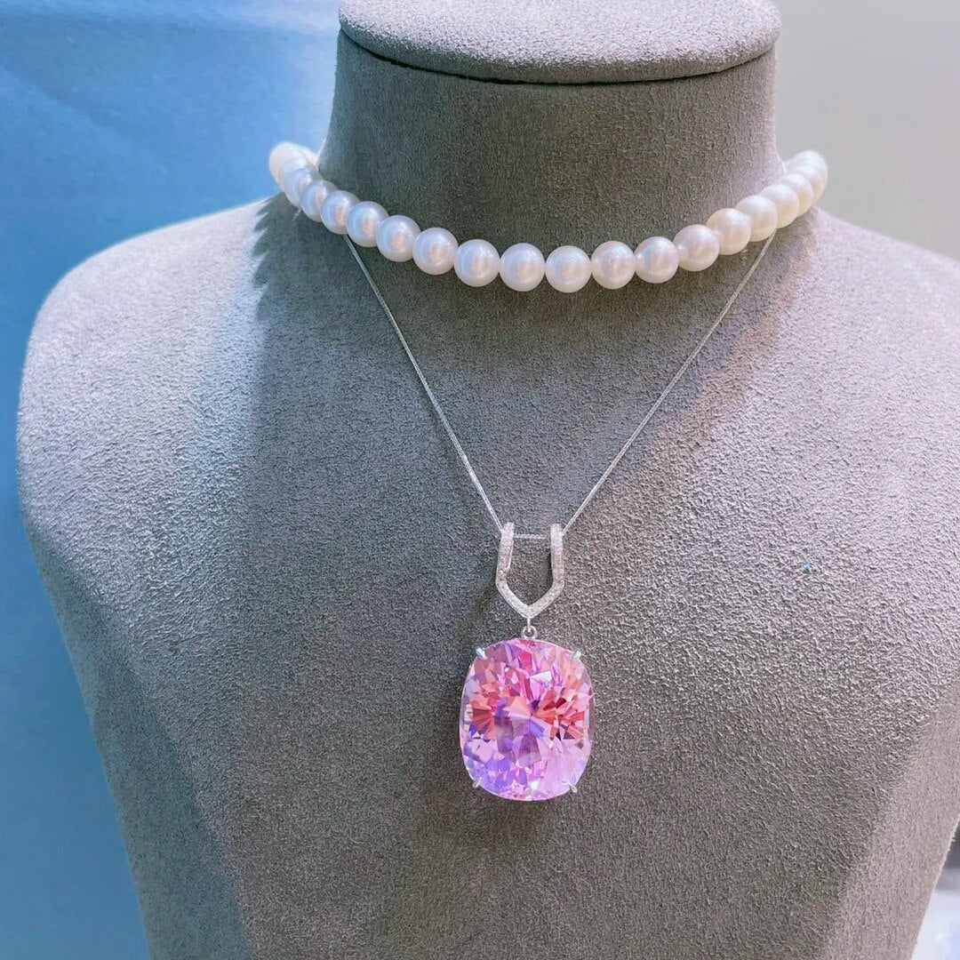 LR713 Fine Jewelry Real Pure 18K White Gold Jewelry 100% Natural Kunzite 38ct Gemstone Diamonds Pendant Neckalces for Women