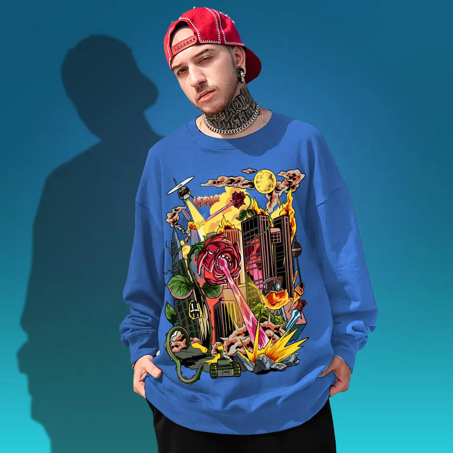 Hoodies, Sweatshirts Men Rose Flower attack Printe Men's Tee Shirts long Sleeve  Fashion High Street Hip Hop Streetwear Hoodies