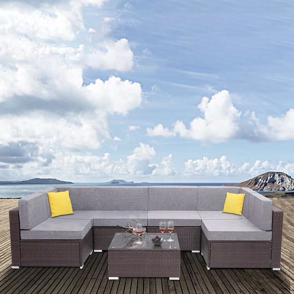 Two Styles US Warehouse 7 Pieces Patio PE Wicker Rattan Corner Sofa Set Patio Furniture  Set for Garden and Outdoors