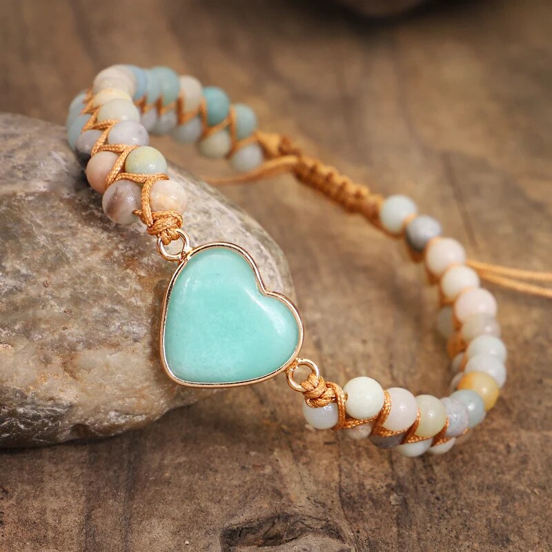 Handmade Jewelry Amazonite Heart Shape Charm Bracelets for women String Braided Macrame Bracelets Lover Wrap Bracelet Femme