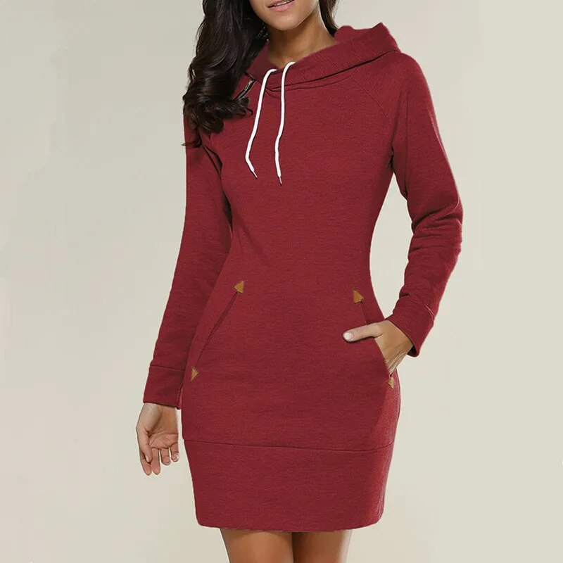 Bikoles Spring Autumn Hooded Drawstring Women's Sweatshirt Dress Fashion Solid Pocket Package Hip Ladies Mini Dresses Plus Size