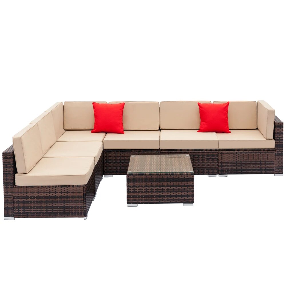 7 Pieces Outdoor Sectional Sofa Patio Furniture Sets PE Rattan Wicker Patio Conversation Set with 6pcs Sofas & 1pcs Coffee Table