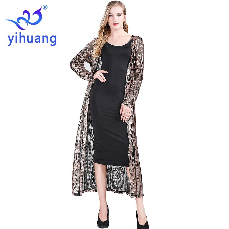 Fashion New Women's Clothing Long Sequin Open Front Long Sleeve Mesh Cardigan Blouse Cover Coat Evening Prom Party Tops Gift