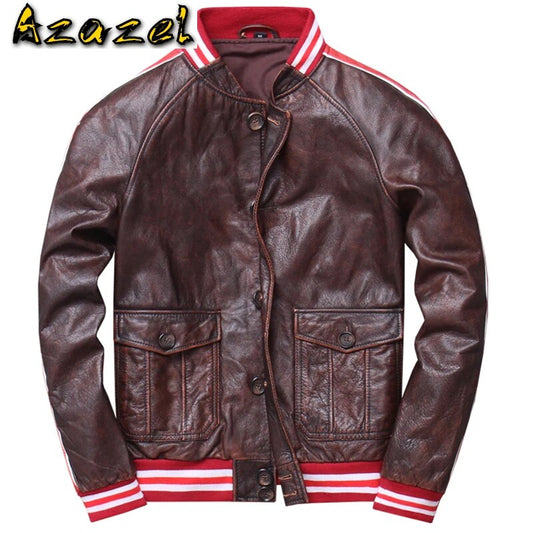 Casual Single Breasted Striped Men Baseball Coat Cowhide Uniform Genuine Leather Jacket Winter Korean Distressed Trench Coat 3XL