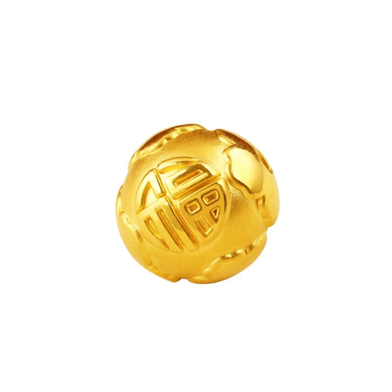 1PCS Pure 24K Yellow Gold Bead 3D Fu Words Round Bead 6mm 8mm 10mmH DIY