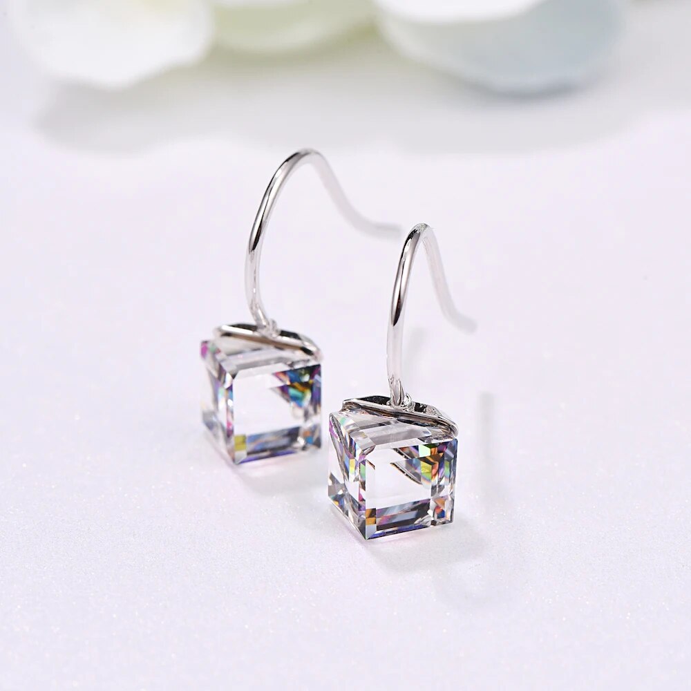 Crystals From Austria S925 Drop Earrings New Fashion Cube Stone Piercing Dangle Earrings For Women Wedding Party Jewelry Gift