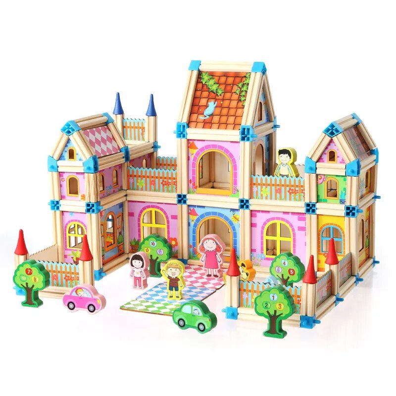 DIY Wooden Dollhouse Kids Assemble Family DollHouse Castle Toys With Car Colorful Casa Doll Houses Wood Toys For Children Gifts