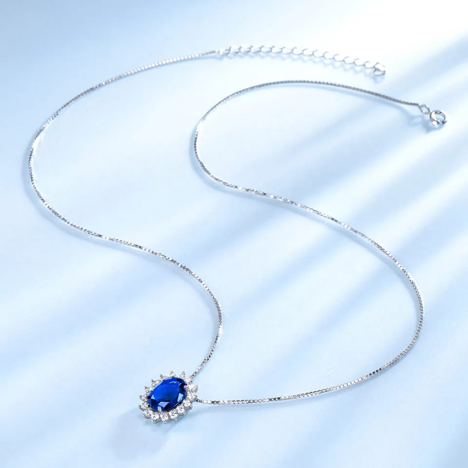 UMCHO Blue Sapphire Necklaces Pendants Princess Diana Genuine 925 Sterling Silver Gemstone Pendant for Women Wedding Party Gift