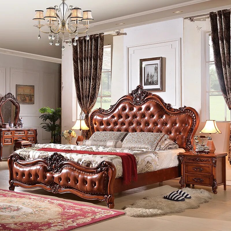 European bed 1.8 m American solid wood carved double bed luxury oak master bedroom furniture