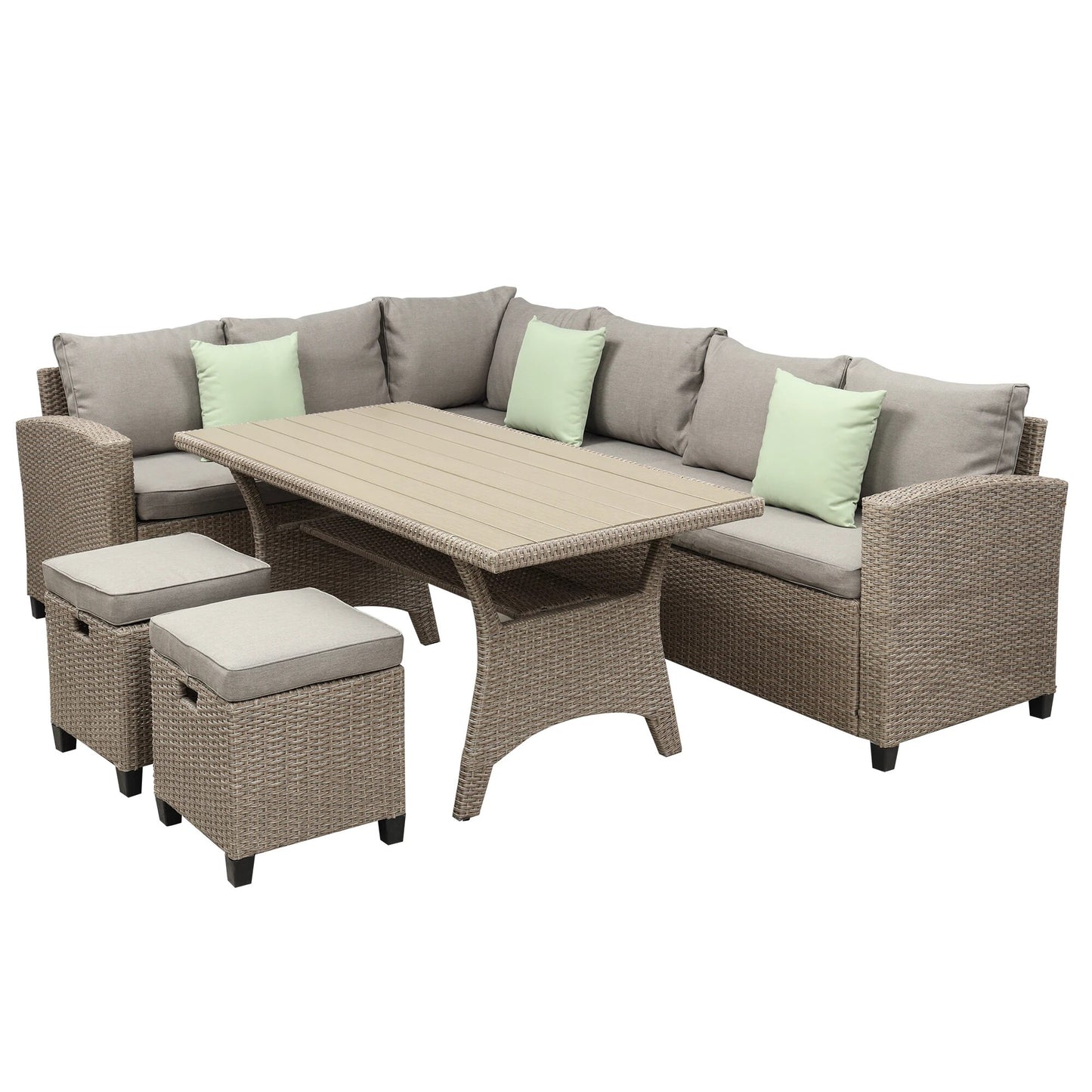 5 Pcs Outdoor Conversation Set Patio Furniture Set All Weather Wicker Sectional Couch Sofa Dining Table Chair w/ Ottoman&Pillow