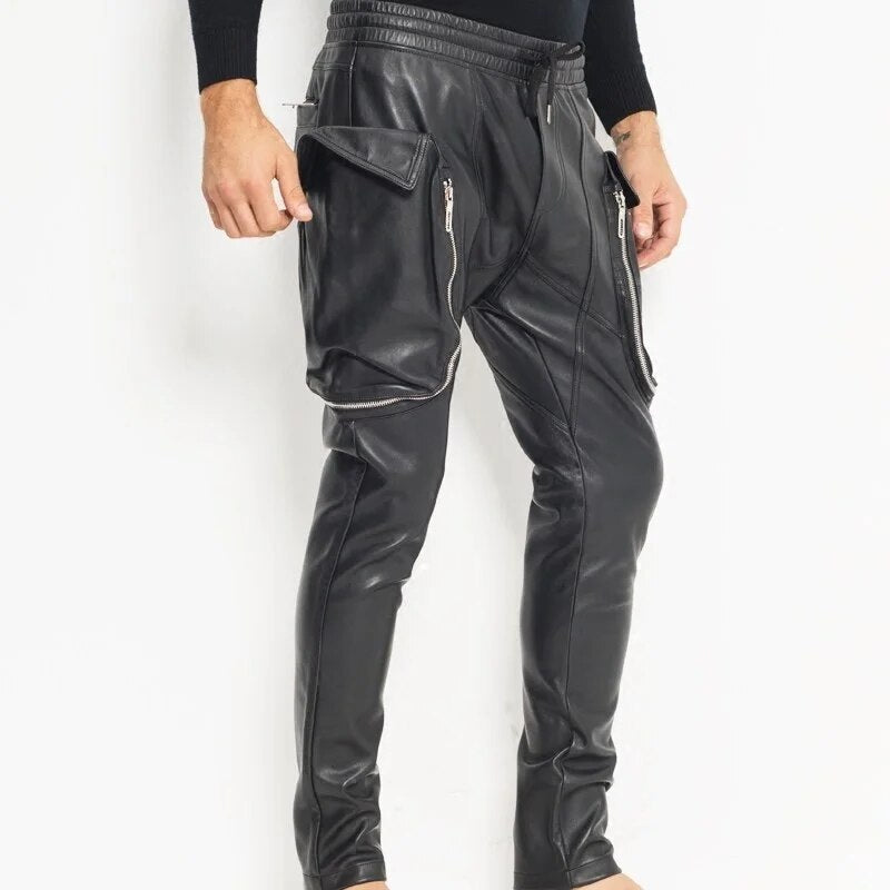 Fashion New Mens Casual Big Pockets Elastic Waist Joggers Harem Pants Sheepskin Genuine Leather Pants Drop Crotch Cross Pants 35