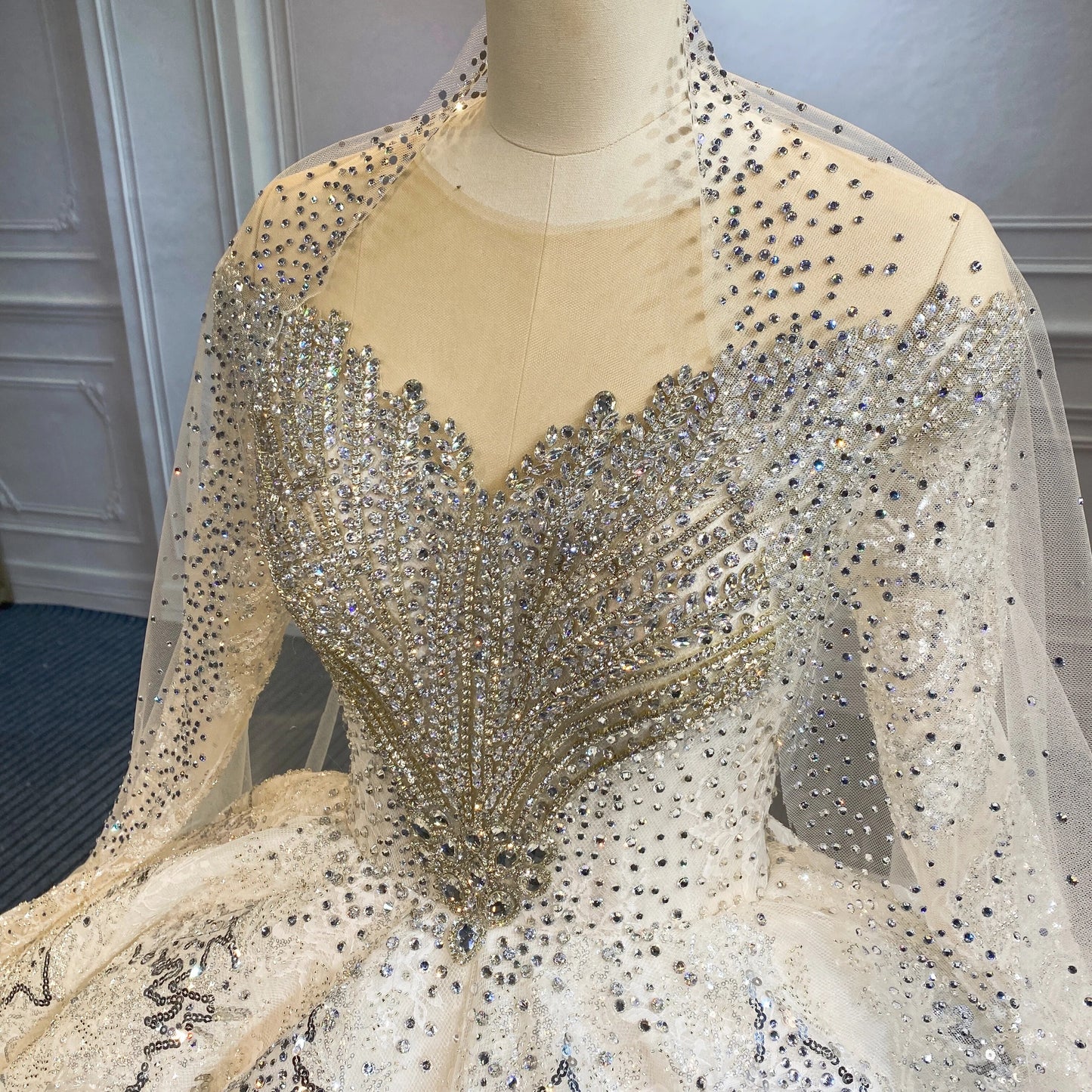 Marnahm Luxury Woman Wedding Dress 2022 Bridal Gown V Neck Full Beads Diamonds Long Sleeves Custom Vestido De Novia High Quality