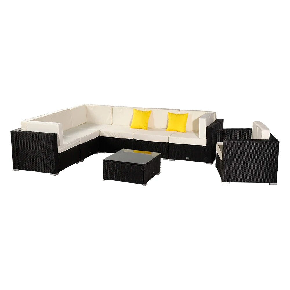 8Pcs Patio Furniture Set Include 3 Armless Sofa 3 Corner Sofa 1 Single Sofa 1 Table PE Wicker Rattan Steel Black[US-Stock]