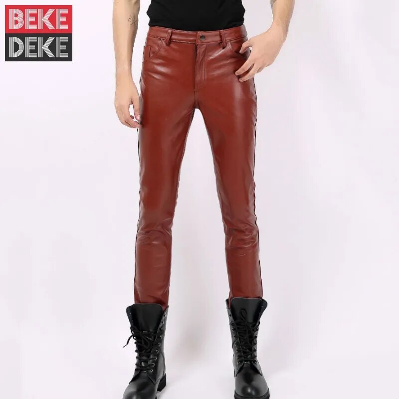Classic Solid Color Men Genuine Leather Cowhide Motorcycle Pants Autumn Winter Skinny Pencil Pants Streetwear Punk Mens Trousers