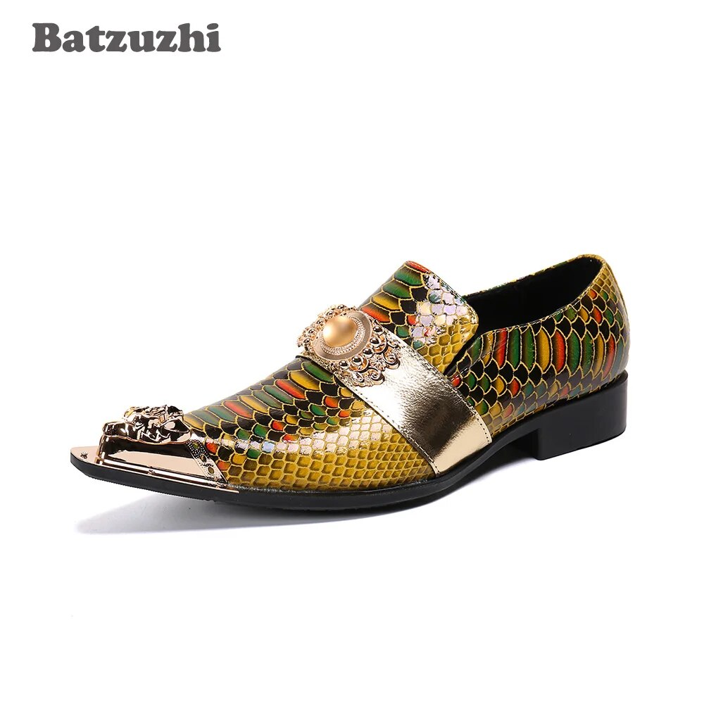 Batzuzhi Japanse Type Men's Shoes Genuine Leather Dress Shoes Pointed Toe Slip on Gold Party/Business/Wedding Zapatos Hombre!