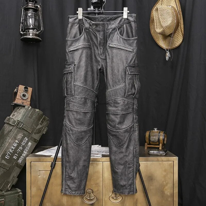 Vintage Moto Biker Genuine Leather Pants Mens Multiple Pockets Cargo Pants High Quality Winter Cowhide Casual Straight Trousers