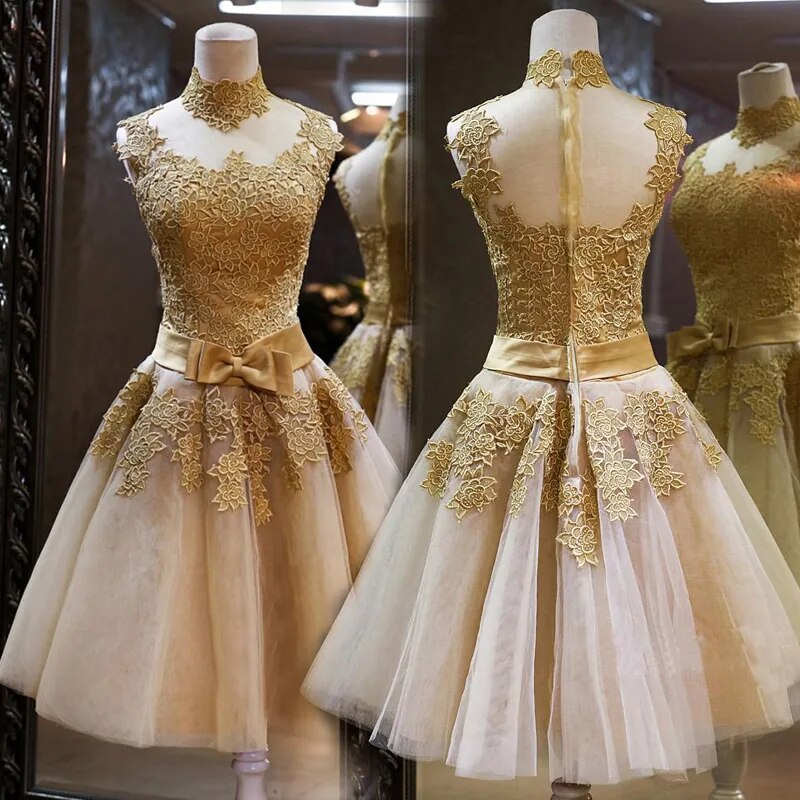 Robe De Soiree 2023 golden Short Lace Evening Dresses gowns Banquet Vintga High Neck vestido de festa Prom Dresses party dress - KAISERINC