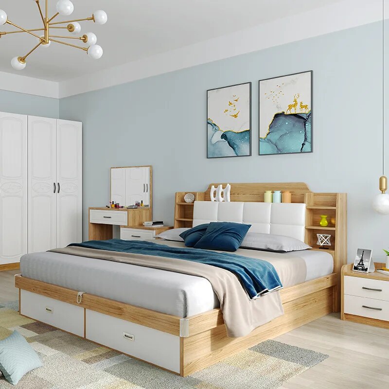 Modern minimalist furniture bed small apartment 1.5 / 1.8 meters double bed with soft back bed