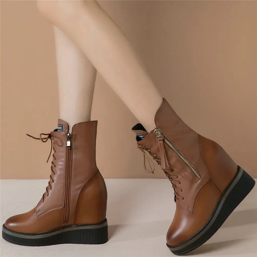Platform Trainers Women Lace Up Cow Leather Wedges High Heel Pumps Shoes Female High Top Round Toe Fashion Sneakers Casual Shoes