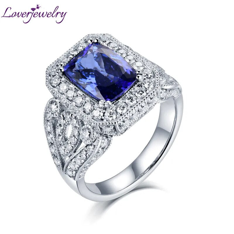 LOVERJEWELRY Tanzanite Rings for Women Pure 14Kt White Gold 3.55Ct Natural Tanzanite Female Engagement Diamonds Ring Jewelry