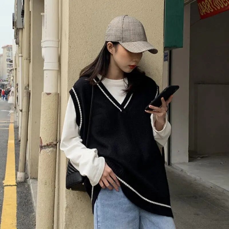 Vests Women Simple Classic BF Spring Autumn Femme Knitted Outwear Young Lovely All-match Striped Schoolgirls Sleeveless Jacket - KAISERINC