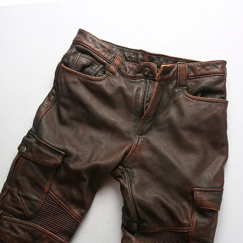 Mens Motorcycle Biker Genuine Leather Pants Real Cowhide Slim Pencil Design Men Cargo Trousers