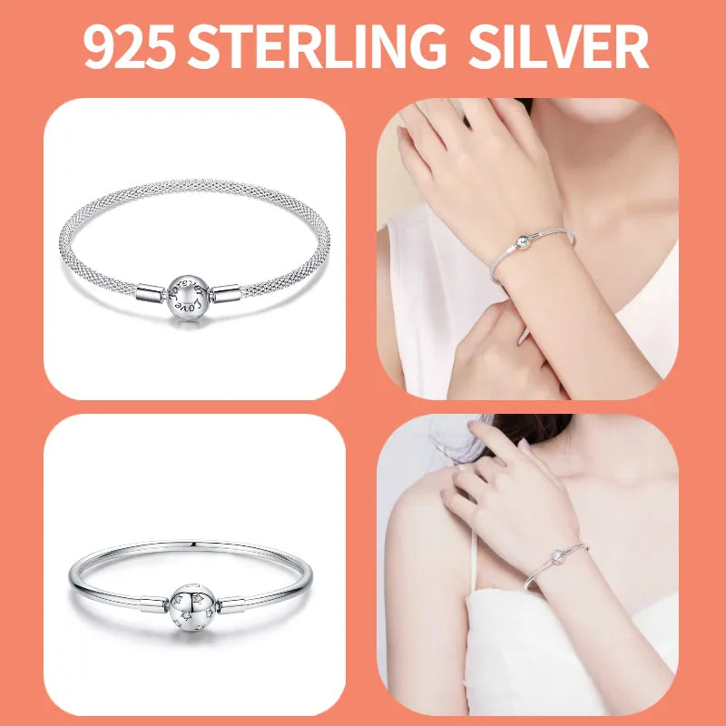 BISAER 925 Sterling Silver Snake Bracelet Blue Devil's Eye Charm Snowflake Heart Chain Clasp Bangles For Women Jewelry 17-21CM