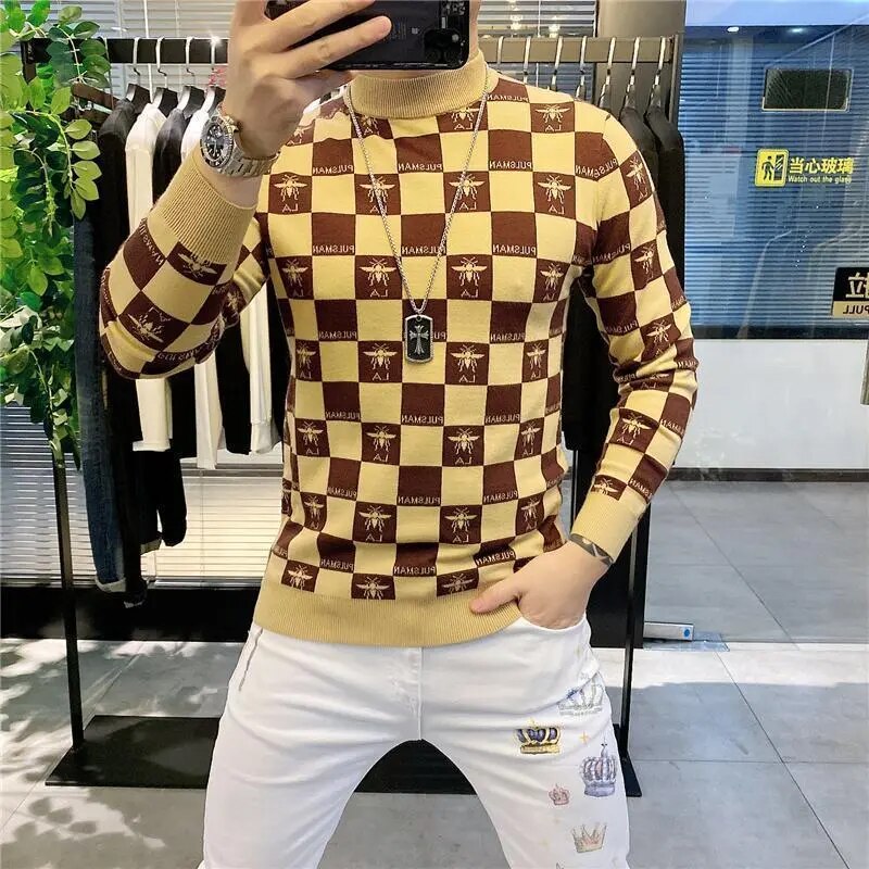 Men's 2021 Autumn and Winter New Thick Plaid Printing Long-sleeved Men's T-shirt Enlarged T-shirt Khaki Graphic Men's Clothing