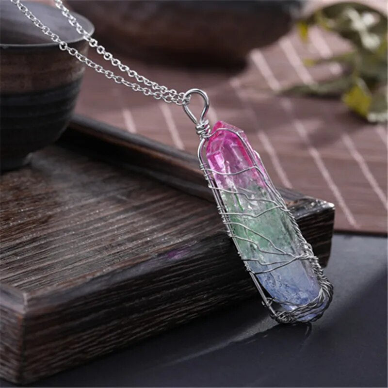 Vintage Reiki Natural Stone Crystal Pendant Necklace Women Men  Wire Wrap Tree of Life Pendants Pendulum Gems Rainbow Jewelry